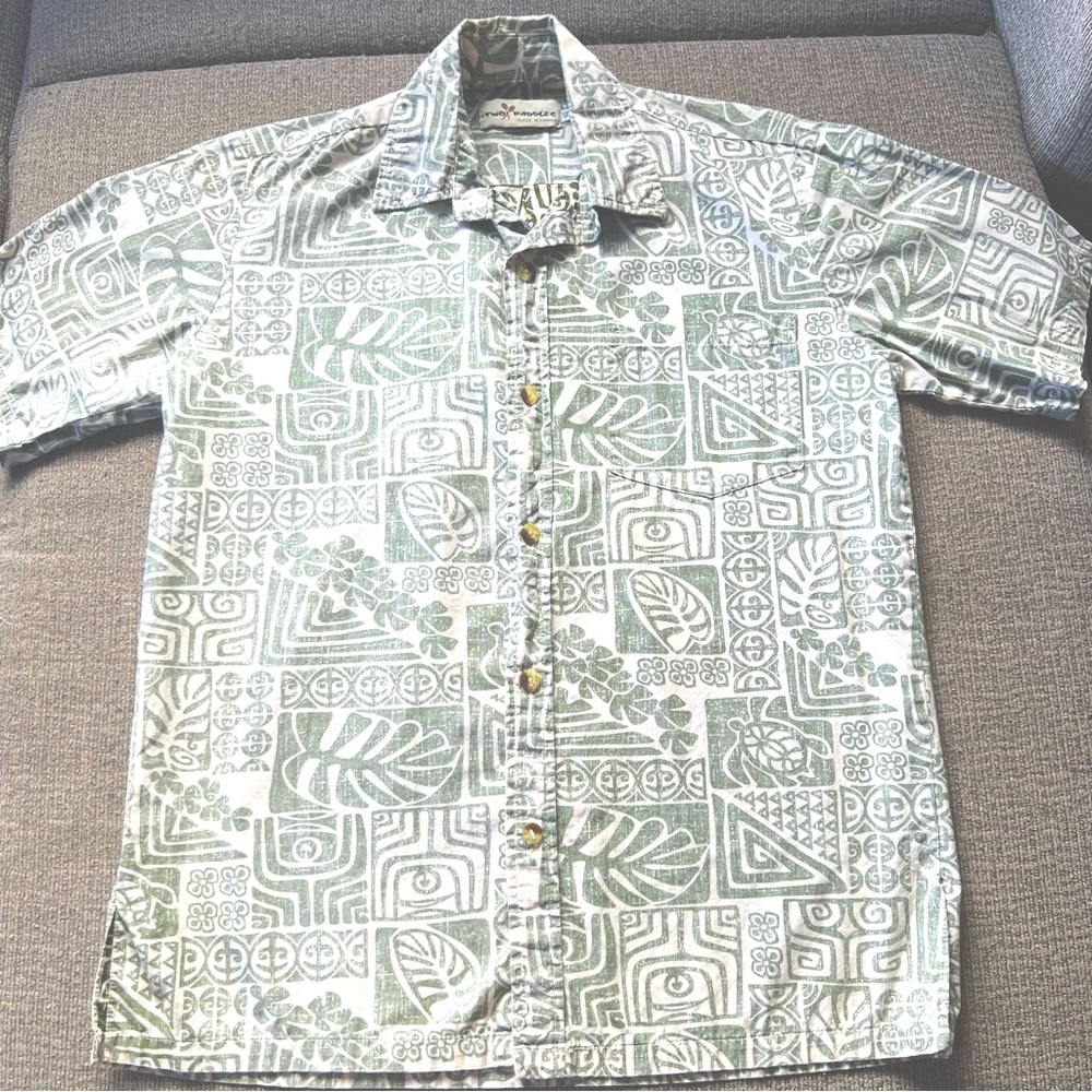 Two paddles Hawaiian Shirt Mens Small Green beige tapa floral aloha luau made HI